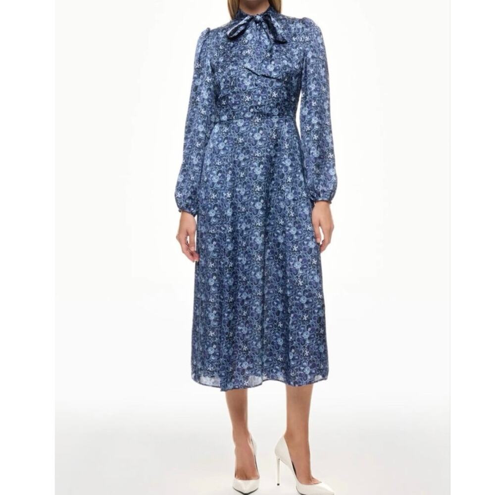 Adam Lippes Satin Long Sleeve Midi blue Dress Size 6